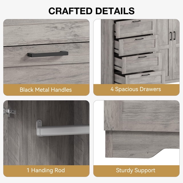 Commode Garde-Robe en Bois Grise – 4 Tiroirs, Doubles Portes, Tringle, Armoire de Rangement – Organisateur de Garde-Robe Autoportant pour Chambre, Rangement d'Entrée Robuste – Gris