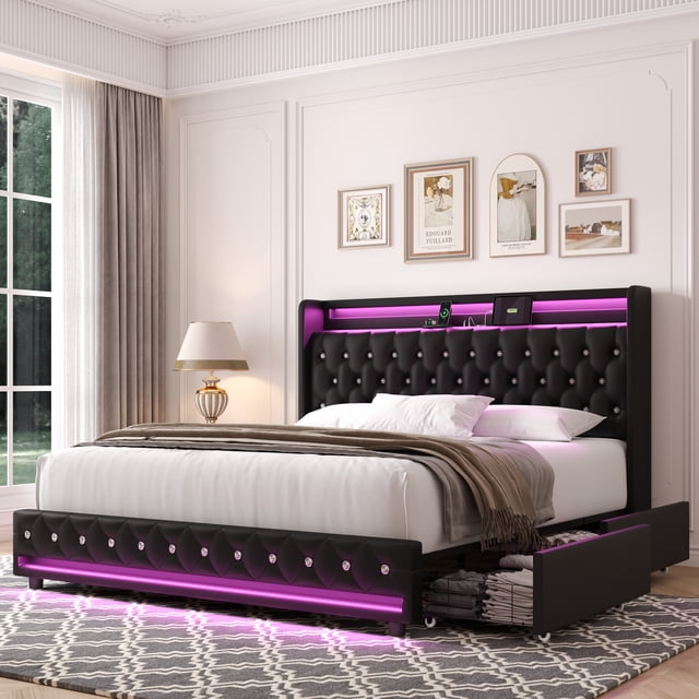 Homfa Black Full Size LED Bed Frame with 2 Storage Drawers, Modern PU Leather Crystal Button Upholstered Platform Bed Frame with Outlets and USB Ports & Display Platform