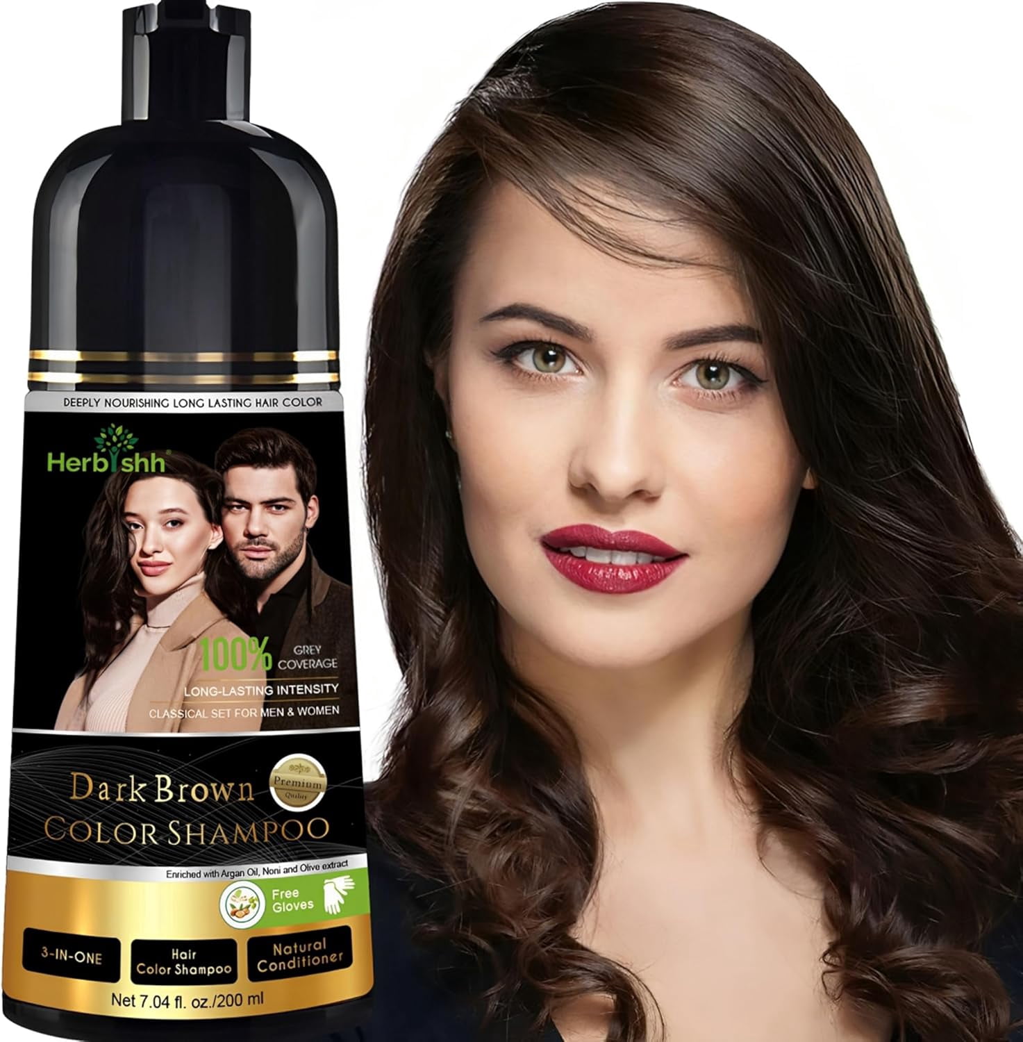 Herbishh Dark Brown Shampoo, Hair Dye Shampoo 3 in 1, 100% Grey Coverage, Hair Color for Men & Women, Long-lasting Color in 20-25 Mins, Ammonia-free, 200 ml