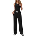 thumbnail image 2 of Woman Solid Color Sleeveless Sets, 2025 New Fashion Round-Neck Sleeveless Tank with Drawstring Long Pants Suits, Loungewear Tracksuits Linen Pants Sets Lady 2 Piece Outfits Black M, 2 of 5