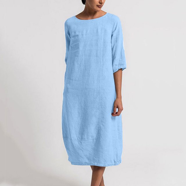 TIMIFIS Robe en Coton et Lin pour Femme Décontractée Ample Robe d'Été Longue Robe à Manches Courtes Robes Maxi Été Grande Taille Robe de Plage Été