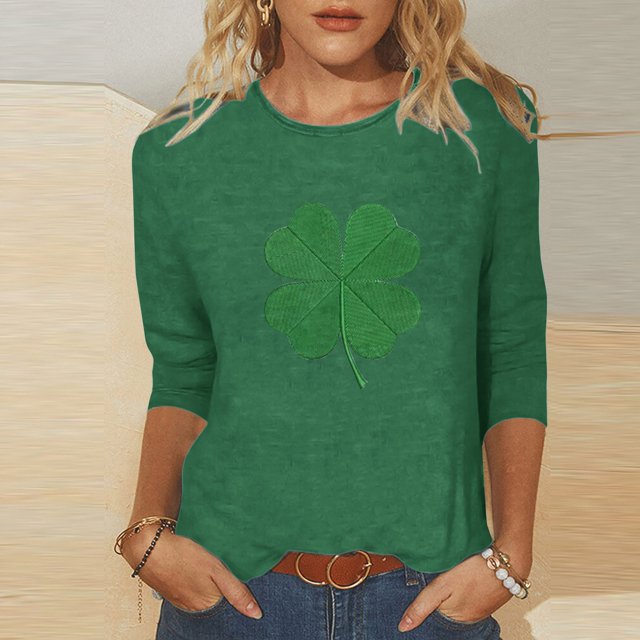 Meichang T-Shirt de la Saint-Patrick pour Femmes, Imprimé Trèfle Vert, Manches 3/4, Col Rond, Printemps