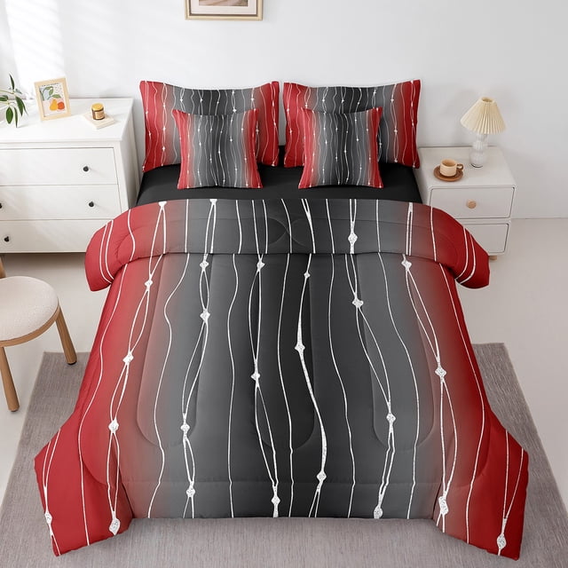 YST Ensemble de Douillette Aquarelle Noir et Rouge, 7 Pcs, Esthétique Géométrique, Lit Simple