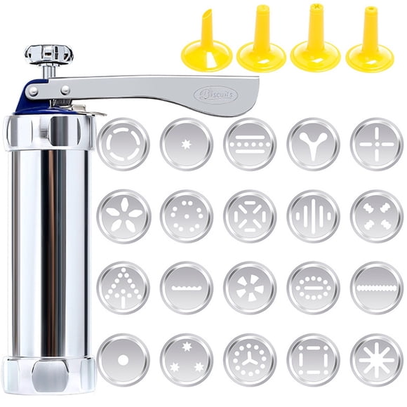 Cookie Press, Stainless Steel Churro Maker Machine Biscuit Press Cookie Gun Set with 20 Decorative Molds and 4 Nozzles for DIY Biscuit Maker Cookie Press Machine Cookie Press Gun