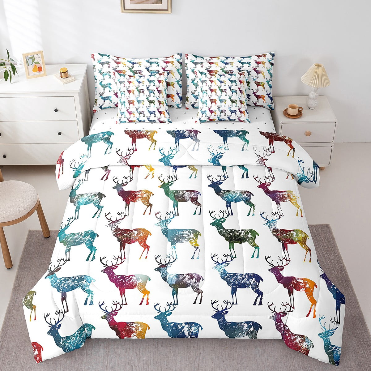 YST Colorful Elk Deer Comforter Set, 7-Piece, King Size