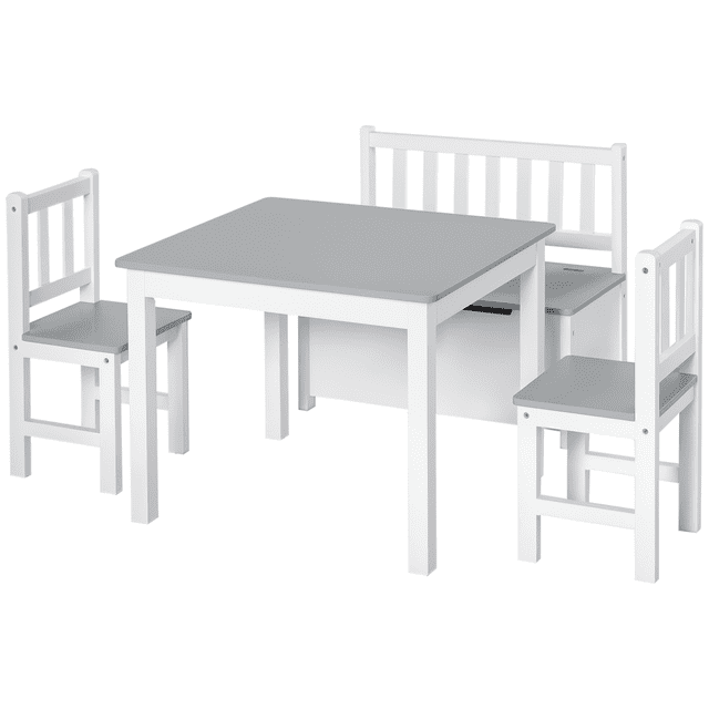 Qaba 4-Piece Set Kids Wood Table Chair Bench with Storage Function Easy to Clean Gift for Girls Boys Toddlers Age 3 Years up - Gray and White