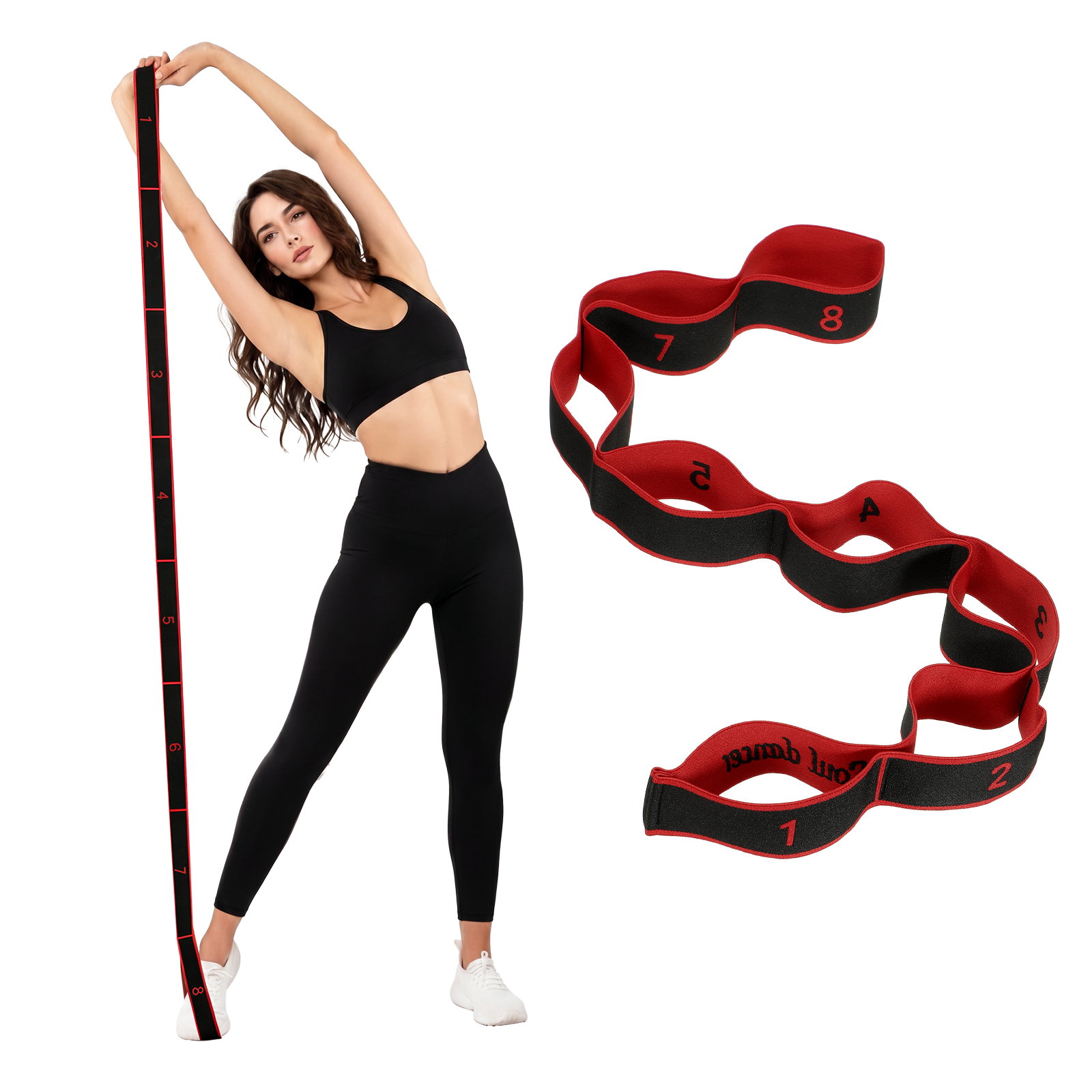 Fitness Resistance Bands, 8-Section Number Stretch Resistance Band, Elastic Stretch Strap with Handles Red - Fitting for (Full Body Training/Yoga)