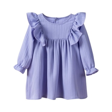 biudgviw Toddler Baby Girls' Dresses Ruffle Long Sleeve Crew Neck Solid Color Textured A-Line Casual Dress Soft Cotton Dress 0-6 Years
