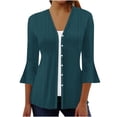 thumbnail image 2 of VKOYWKM 3/4 Length Sleeve Womens Tops Trendy Eyelet Embroidery Tees Button Down V Neck Pullover Tops Solid Color Ruffle Bell Sleeve Tunic Blouses, 2 of 5