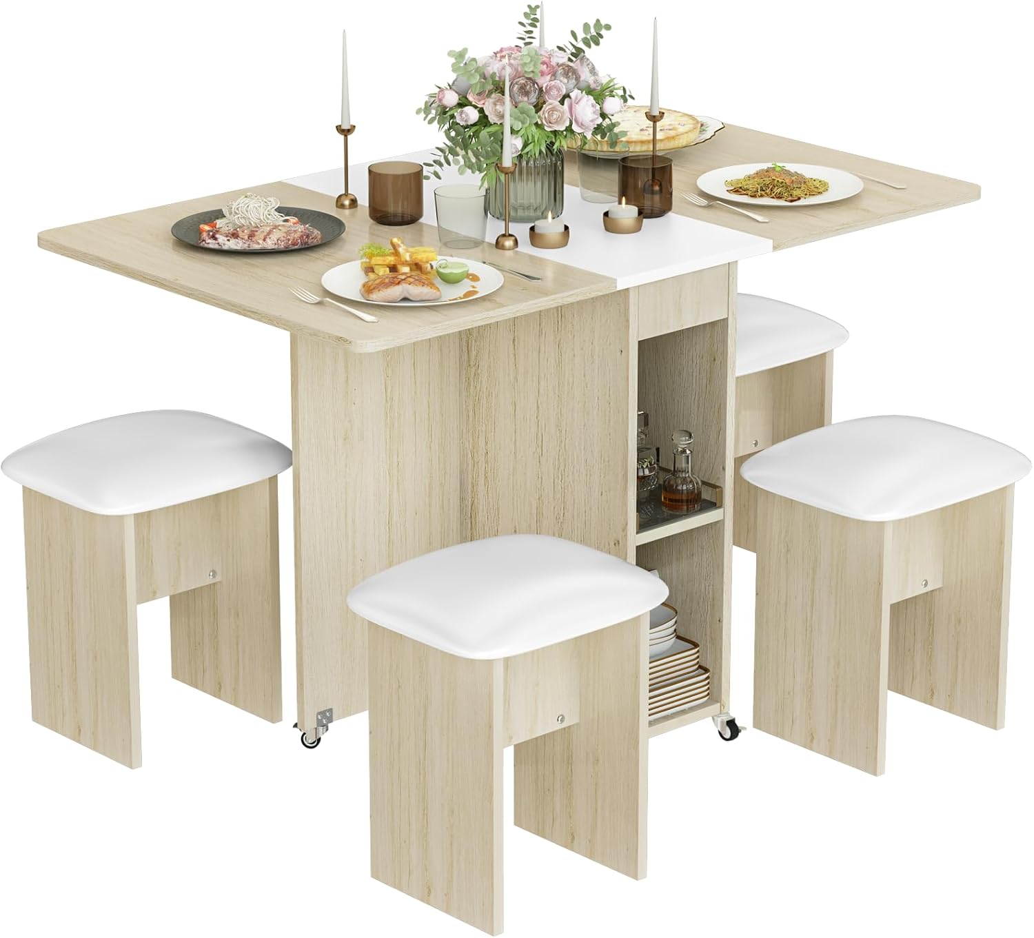 Recaceik 5PCS Folding Dining Table Set for 4, Kitchen Dinner Table with 4 Leather Chairs and Shelves, Space Saving Foldable Dining Table with 6 Wheel, Kitchen Table Set for Small Spaces, Beige