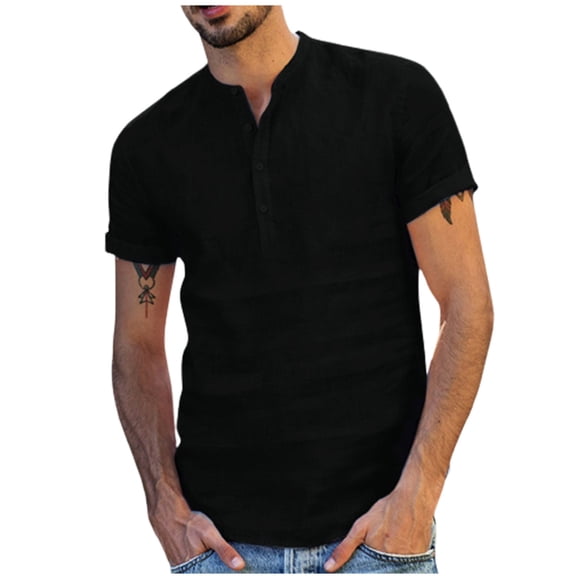 RKSTN Mens Summer Beach Tops Henley T-Shirt Henley Linen Cotton Shirt Casual Short Sleeve T Shirt Pullover Tees Lightweight Curved Hem Plain Tees