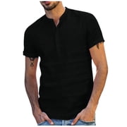 RKSTN Hommes Été Plage Tops Henley T-Shirt Henley Linge coton Chemise Casual manches courtes T-shirt Pull-over Tees Léger Curved Hem Plain Tees
