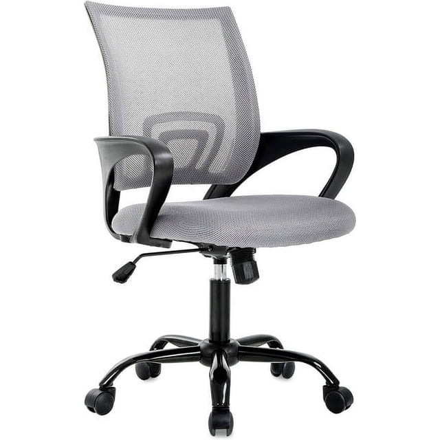 BestOffice Office Chair Mesh, Lumbar Support Modern Executive Task Rolling Swivel, Grey. This ergonomic swivel chair features a breathable grey mesh backrest with built-in lumbar support for enhanced posture and comfort. The seat is padded with high-density sponge and covered in matching grey fabric. It includes adjustable height settings, a 360° swivel base, and smooth-rolling caster wheels for easy mobility. The chair's black armrests and sturdy black base provide durability and style, making it suitable for home or office use. Assembly tools and hardware are included for quick setup.