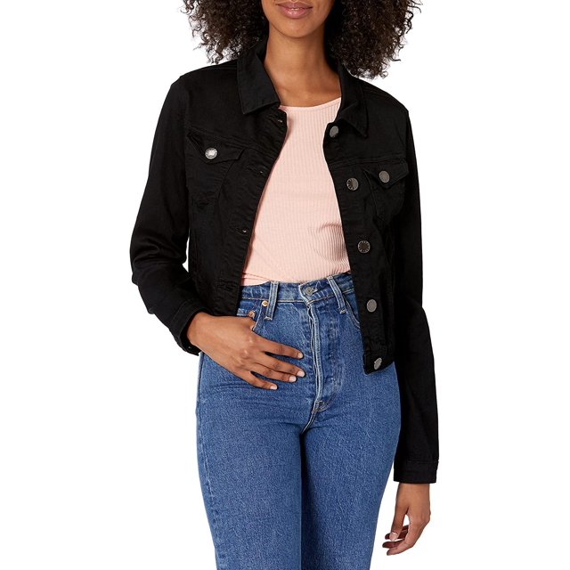 YDX Women's Jeans Denim Jacket Ripped Raw Hem Cropped White, Basic Black, Large
