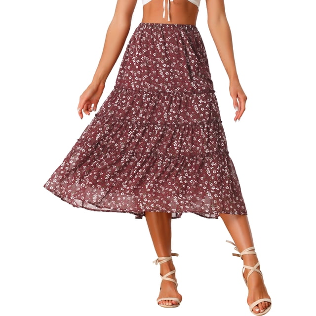 Unique Bargains Women's Floral Print Elastic Waist Ruffle Maxi Tiered Skirt