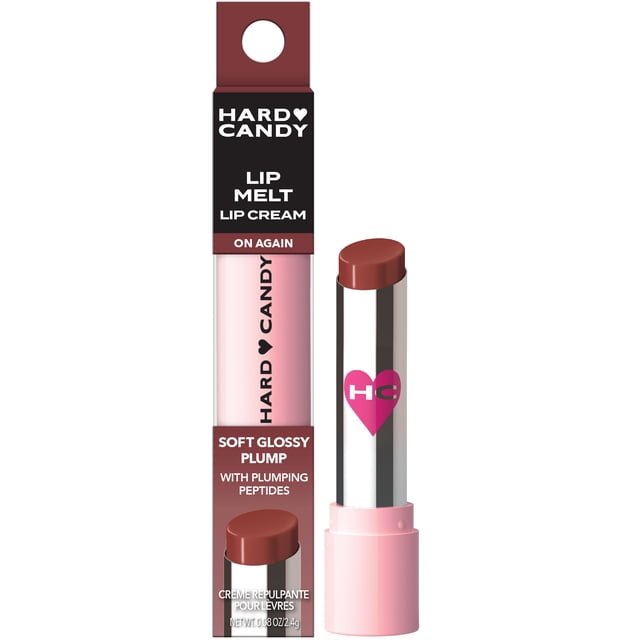 Hard Candy Plumping Lip Melt, On Again, showing a twist-up lip cream stick in a warm brown shade with a glossy finish beside its black and pink rectangular packaging labeled with brand and product details, infused with plumping peptides for fuller, hydrated lips.