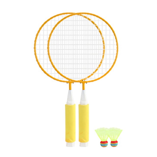 Children Badminton Racket Set by Vobor-CA, featuring two yellow plastic rackets measuring approximately 42.5x22.5cm (16.7x8.9in) with comfortable handles. Includes two neon-colored shuttlecocks, ideal for kids' recreational play.