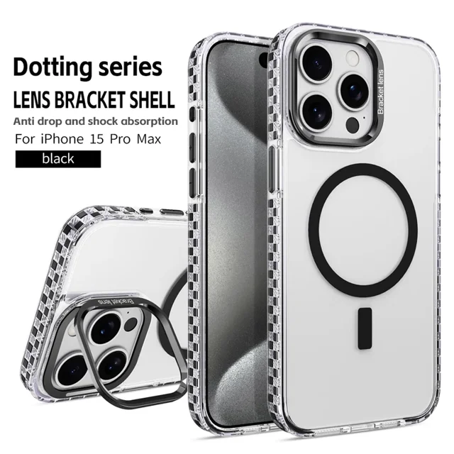 Metal Stand Lens Strong Magnetic Protection Shockproof Clear Case For iPhone 16 15 14 13 12 11 Pro Max Compatible With Magsafe Black For iPhone11
