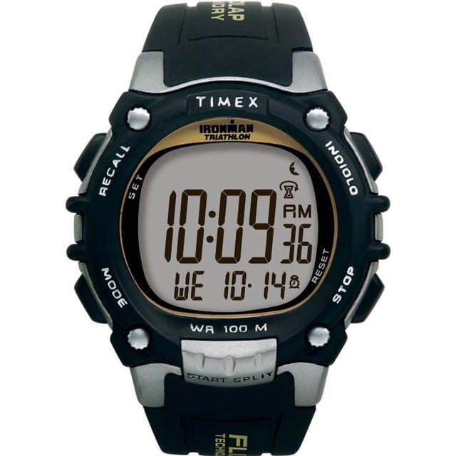 Timex® IRONMAN® Classique Montre à Bracelet en Résine 100 Vue de devant Centrée avec Boîtier Ton Argent Mat et Brillant de 44 mm, Cadran Numérique Extra-Grand et Bracelet en Résine Noire, Agencement à Cinq Boutons, Lumière INDIGLO, Chronomètre 100 Tours plus Intervalles et Compte à Rebours, Résistant à l'Eau jusqu'à 100 Mètres; Convient à l'Entraînement Sportif et au Chronométrage en Tour.