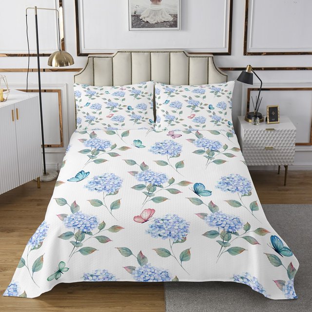 YST Blue Hydrangea Queen Coverlet Set Chic Floral Quilt Set, Rainbow Butterfly Bedspread Set Spring Flower Bedding Set, Super Cozy Lightweight Bed Quilt Green Leaf Decor