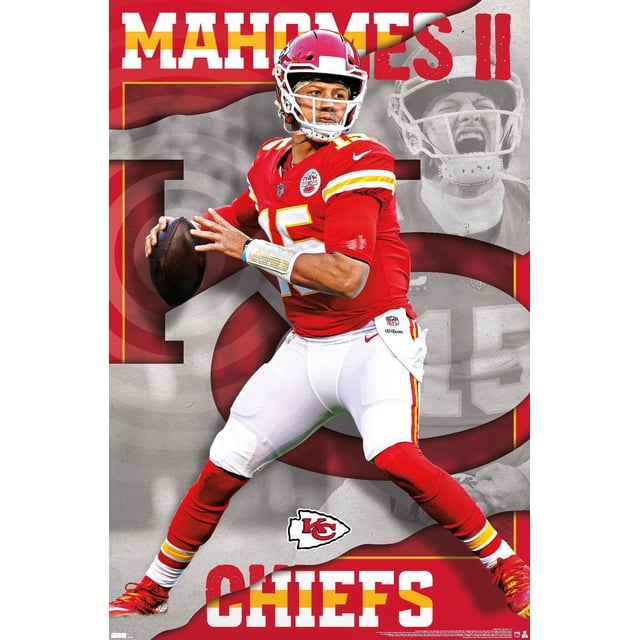NFL Kansas City Chiefs - Patrick Mahomes II 22 Affiche Murale, 22,375 Pouces x 34 Pouces Affiche Brillante Orientée vers l'Avant Montrant Patrick Mahomes II en pose de Lancer d'Action avec Casque visible et logo d'Équipe, palette de Couleurs Rouge et Jaune Audacieuse sur Fond Uni, Conçue pour la Décoration Murale de Chambre, Dortoir Ou Bureau et Souvent Utilisée pour Personnaliser des Pièces à Thème Sportif.