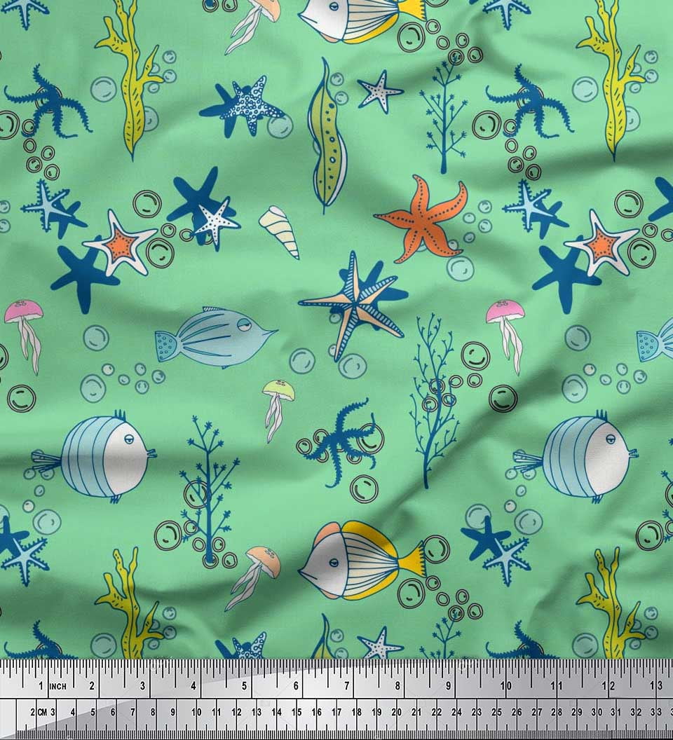 Soimoi Silk Fabric Fish,Coral & Starfish Ocean Print Fabric by The Yard 42 Inch Wide