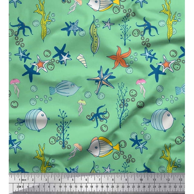 Soimoi Poly Georgette Fabric Fish,Coral & Starfish Ocean Print Sewing Fabric Yard 42 Inch Wide