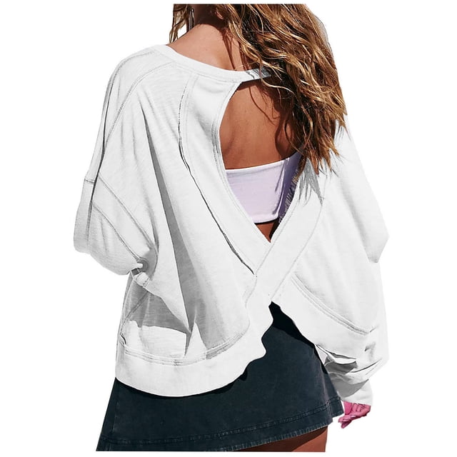 Timegard Womens Tops Drop Shoulder Backless Cutout Tops Fall Casual Loose Comfy Cropped Blouse Tee