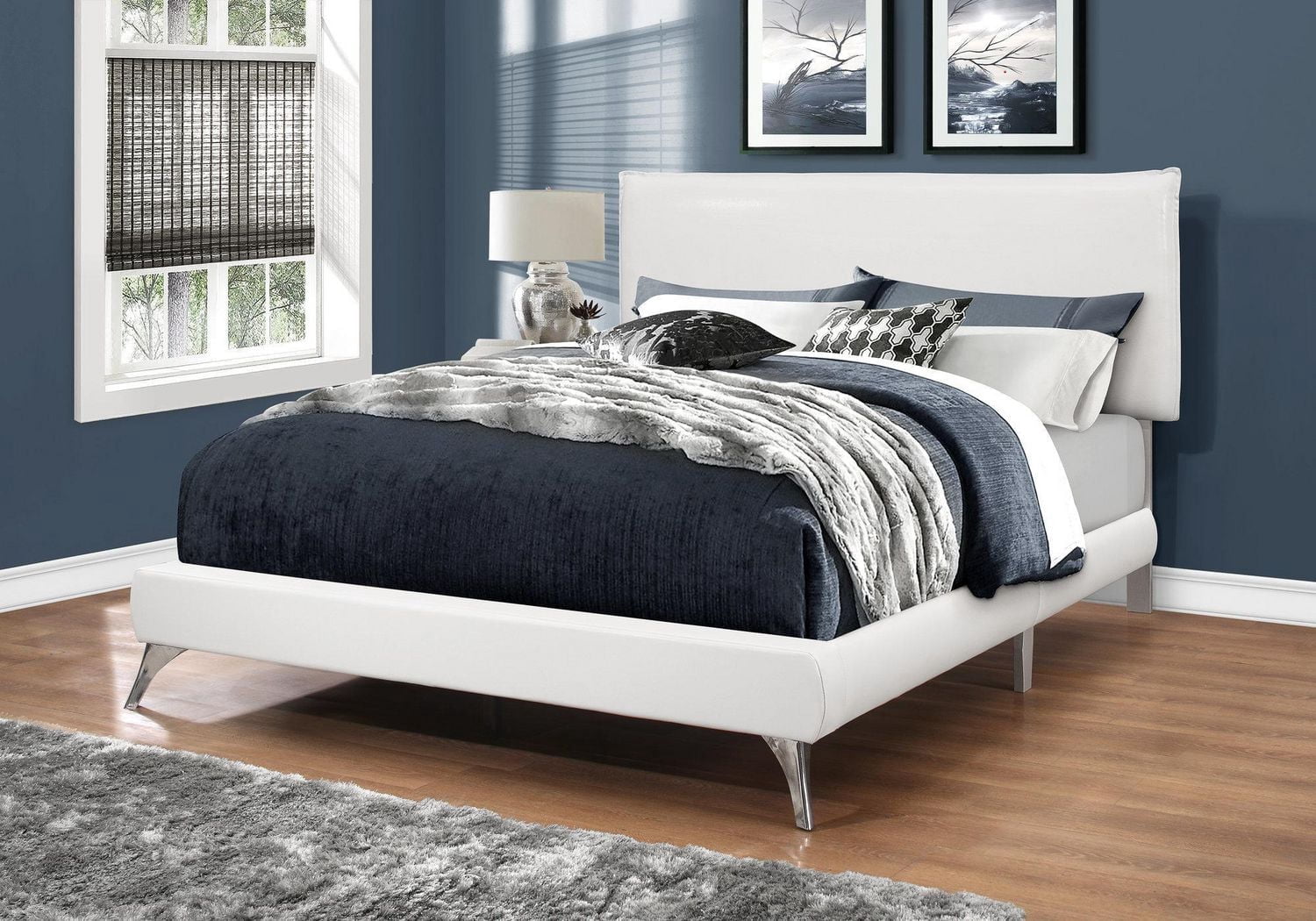 White Leather-Look Queen Size Bed by Monarch Specialties