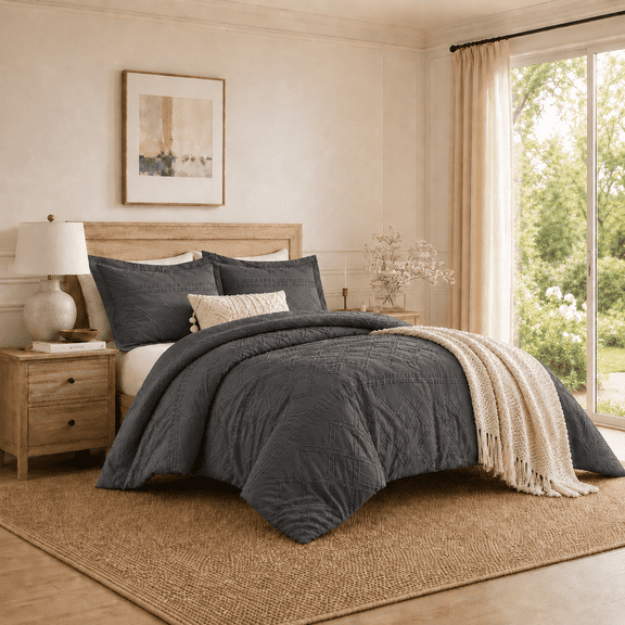 Ensemble de housse de couette à texture douce à motif losange Swift Home, literie toutes saisons avec fermeture éclair, avec taies d’oreiller, grand lit/double, gris acier
