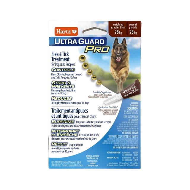 Hartz Ultra Guard PRO Dogs And Puppies Flea & Tick Treatment package containing 3 monthly topical treatments with Pro-Glide applicator for dogs over 28 kg, kills fleas, flea eggs, larvae, brown dog and deer ticks, and repels mosquitoes for 30 days, bilingual English and French text.