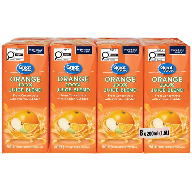 Great Value Mélange de Jus d'Orange 100 % Lot de Quatre cartons de 200 ml Présentant un Mélange de Jus d'Orange, de Pomme, de Raisin et de Citron à Base de Concentré avec Vitamine C Ajoutée, Étiqueté Riche en Sucres par Santé Canada et Ingrédient Certifié Wise, Convient au Déjeuner Ou aux smoothies.