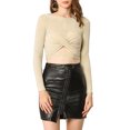 thumbnail image 2 of INSPIRE CHIC Haut Pailleté pour Femme Torsadé Ajusté à Manches Longues Découpé Court de Fête Scintillant TG Beige, 2 of 8