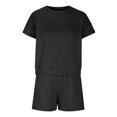 thumbnail image 5 of Mikilon Ensemble de Sport Confortable pour Femmes Couleur Unie Nouvelle Mode Décontractée Haut à Manches Longues et Short Ensemble de Haut/chemise à Manches Courtes Col Rond Noir m, 5 of 5