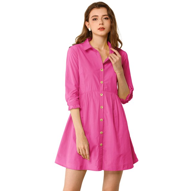 INSPIRE CHIC Women's 3/4 Sleeve Button Front Flare Mini Shirt Dress