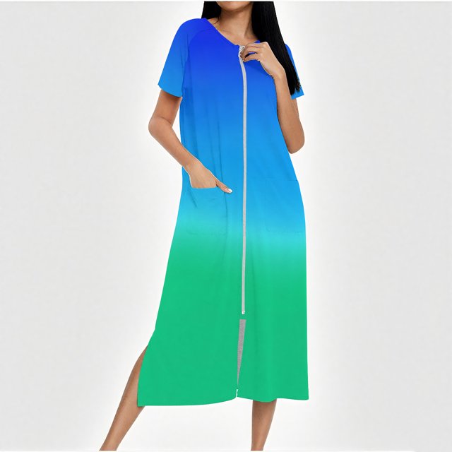 RKSTN Pyjamas pour Femmes Mode Cardigan Dégradé à Fermeture Éclair Léger à Manches Courtes Tenue de Nuit Confortable Automne Mode Hiver Décontracté Longue Longueur Chemises de Nuit Poches