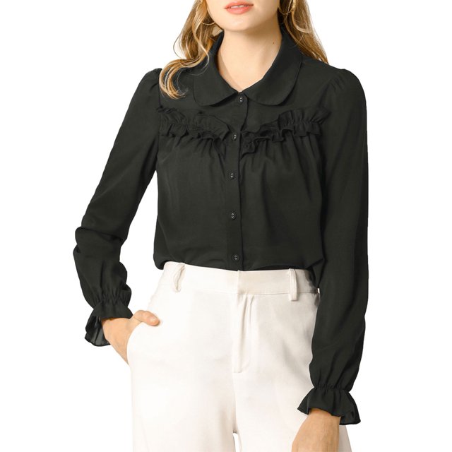 INSPIRE CHIC Women's Button Down Long Sleeve Cuff Ruffle Detail Blouse Shirt Tops
