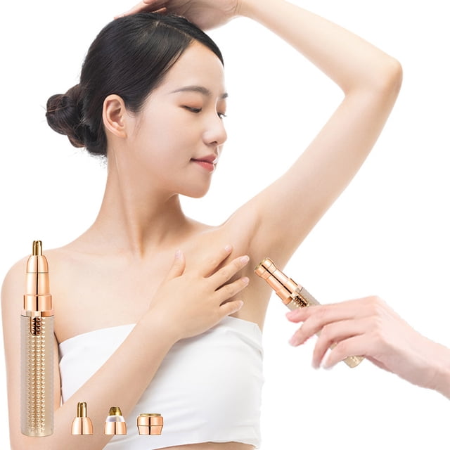 Rechargeable body shaver for women in gold color, designed for pubic hair, legs, and underarm grooming. Features ceramic blades, three interchangeable heads, and a stainless steel precision face razor. Waterproof IP7X design allows use in the shower or bath. Made from hygienic ABS material, suitable for sensitive skin. Ideal for hair removal and women's razors needs.