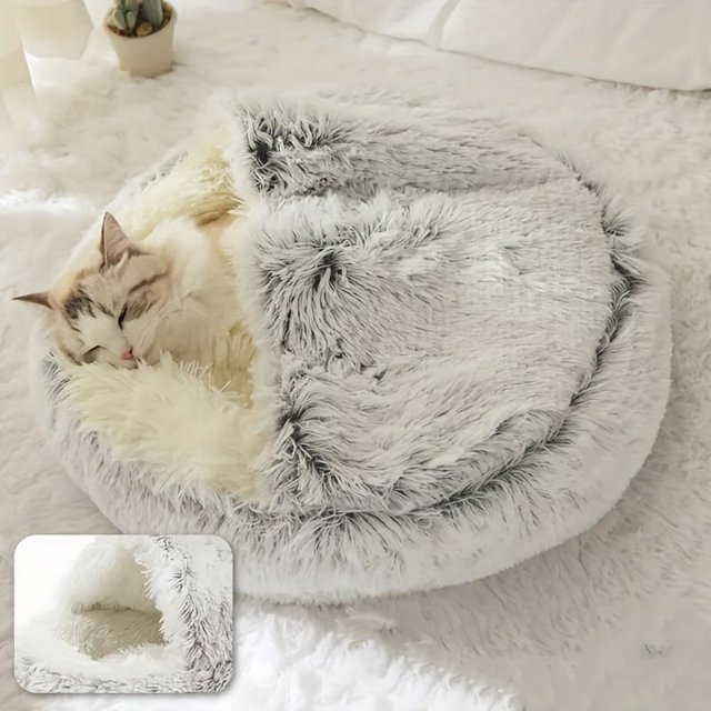 Lit pour Animal Rond à Capuchon en Peluche, Lit Chaud pour Petits Chiens, Lit Moelleux et Doux pour Chat,