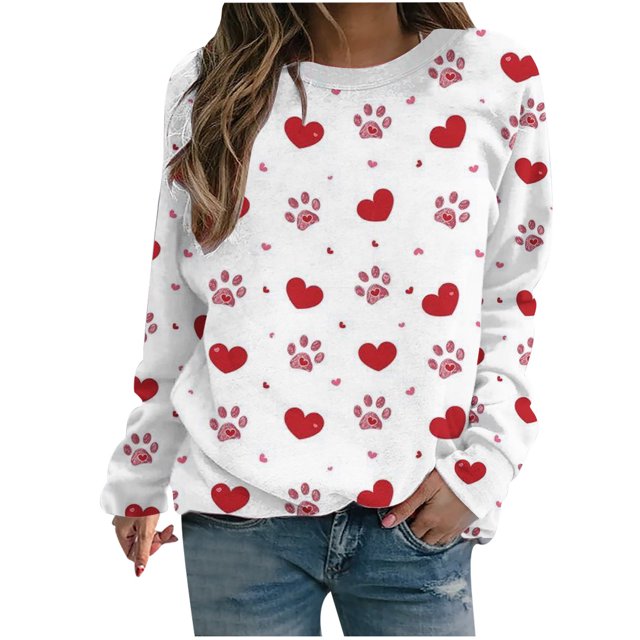 VALMASS Chandails en Molleton de la Saint-Valentin pour Femmes Manches Longues Col Rond Décontracté Mode Ample Blouses (L, Blanc-F)