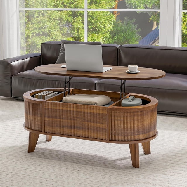 Fluted Lift Coffee Table with Hidden Compartment Modern Oval Coffee Table for Living Room Home Office Walnut