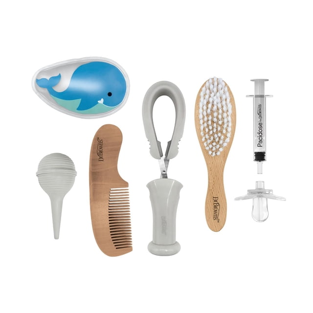 Dr. Brown's Healthy Baby Care Essentials, 8-Piece Kit with blue whale-shaped cold comfort compress, wooden comb and soft-bristle brush to prevent cradle cap, gray Safe Squeeze nail scissors, nasal aspirator for congestion relief, and Pacidose liquid medication dispenser with pacifier attachment, all BPA free and non-toxic for safe baby grooming.