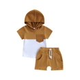 thumbnail image 1 of xiaxaixu Kid Boy Pants Suit, Casual Party Hooded Neck Short Sleeve Tops + Drawstring Solid Color Pants, 1 of 9