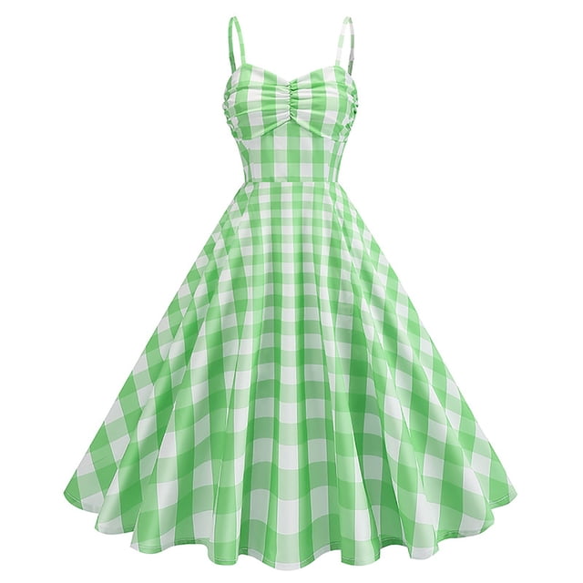 FcBaudy Robe Sans Manches à Col Rond, Robes d'Été pour Femmes, Robes pour Femmes Robe Vintage à Carreaux pour Femmes avec Ceinture, Bretelles, Grande Longueur Moyenne Robe Femme