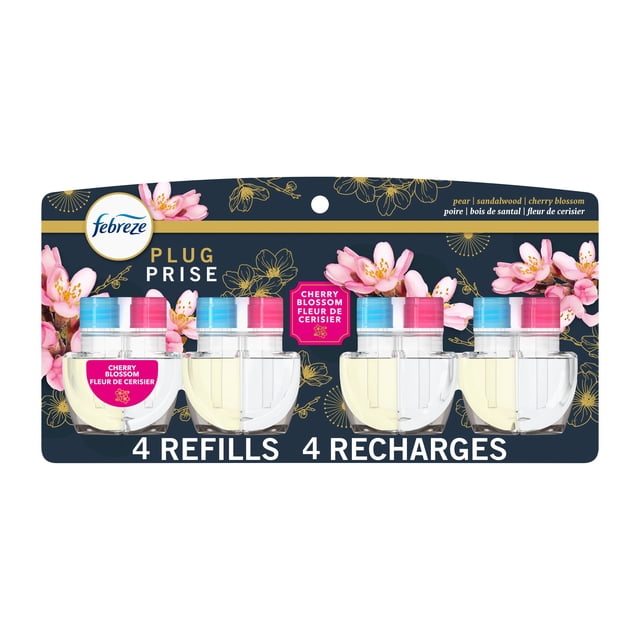 Febreze Plug In Air Freshener, Odour-Fighting Scented Oil Refill, Cherry Blossom, 4 Refills centered close-up of four clear refill bottles with pale pink scented oil and white caps, Febreze label visible; Fade Defy refill lasts 50 days on low and includes a low-level indicator light per specs, suitable for kitchens, bathrooms and small closets.