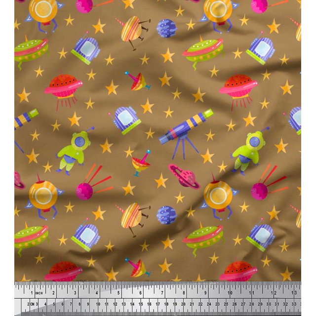 Soimoi Velvet Fabric Spaceship,Star & Telescope Cartoon Decor Fabric Printed Yard 58 Inch Wide