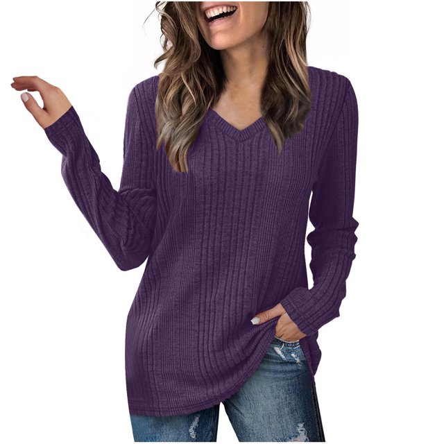 yoeyez Tunique en Tricot pour Femmes, Chandails à Manches Torsadées Patchwork, Col Ras du Cou Raglan, Chemises à Manches Longues, Hauts de Mode d'Automne 2024, Violet m