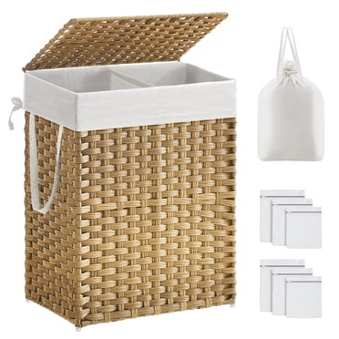 SONGMICS Laundry Hamper with Lid, 90L Clothes Hamper with 2 Removable Liner Bags, 6 Mesh Bags, Wicker Laundry Basket, Double Laundry Hamper for Bathroom, 13 x 18.1 x 23.6 Inches, Natural