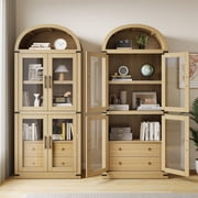 Kojooin Arched Bookshelf with Doors and Drawers Farmhouse Bookcase 15.83in Depth Display Storage Shelves 71.4in Tall Wooden Display Cabinet Rounded Bookcases for Living Room, Kitchen