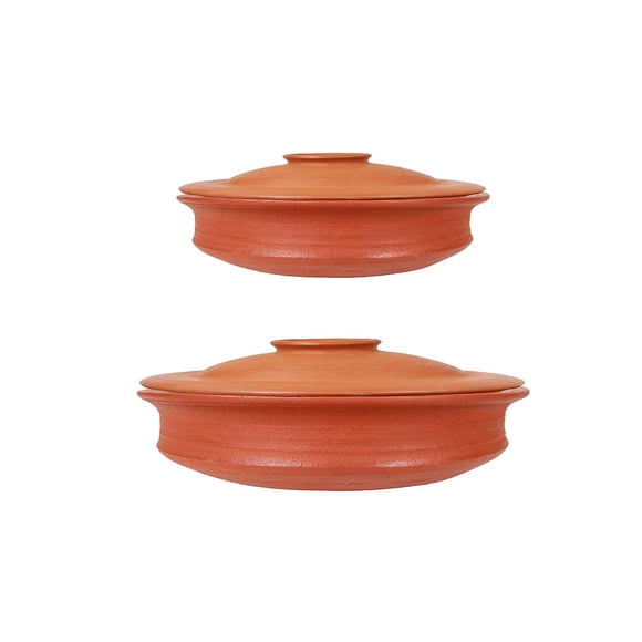 Deep Burned Terracotta Pottery Earthen Kadai Combo For Cooking - Red 1+2 Liters | Gas Stove & Microwave Unglazed Clay Pots With Lid